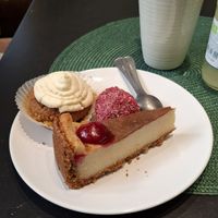 Cheesecake, carrot cake and a liquorice/raspberry ball at Bacchi Syre  in Stockholm