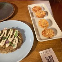 Eggplant Tortilla and beetroot croquettes  at PÖTSTOT in Barcelona