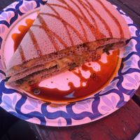 Four dishes in a layered injera slice. Amazingg  at Ma-Ed Ethiopian Kitchen in Beaverton