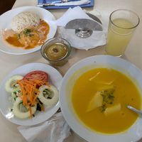 Salad, carrot soup, drink, apple dessert, meatball with garbanzo sauce (all of it for 14 soles). at Sampe's Restaurante Vegetariano in Lima