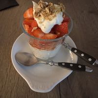 Strawberries & cream with almonds  at Le Petit Blangy by Mezzaluna in Saint-laurent-blangy