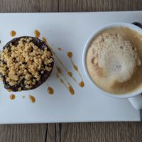 Coffee with peanut caramel mousse at Le Petit Blangy by Mezzaluna in Saint-laurent-blangy