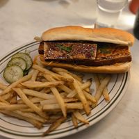Veganized Pork Belly (tofu) Banh Mi and Fries at Honeypie Cafe in Milwaukee