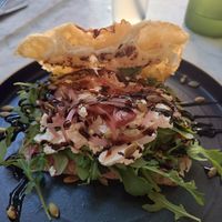 Focaccia sandwich with vegan feta, salad leaves, pickled onions, pumpkin seeds and balsamic - delicious! at Twin Figs in Rovinj