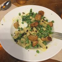 Mac n Cheese with eggplant bacon and peas. TheBomb.com! at Pingala Cafe in Burlington