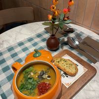 Pumpkin soup (Bread is not vegan!)  at Mama's Soup in Haarlem