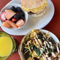 Chunk steak breakfast sandwich and a breakfast bowl with tofu bacon and just egg!  at Steel Pony Diner in Pensacola