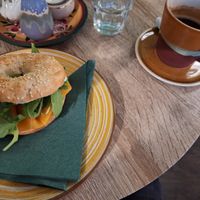 Salmon bagel and coffee (with free tap water) at Café Vegardie in Berlin