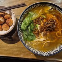 Tangyuan + wheat noodles in broth with fake meat at Miao Chu Tian Xiang Vegetarian - 妙厨天香素食 in Kunming