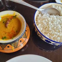 Yellow daal and plain rice at The Sitting Elephant in Rishikesh