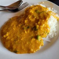 Yellow daal with rice at The Sitting Elephant in Rishikesh