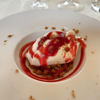 olive oil gelato with dark chocolate crumble and berry sauce (vegan) at Agriosteria del Frantoio in Scandicci
