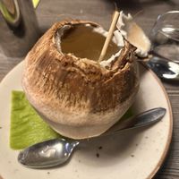 Coconut water served from a real coconut   at Khow Thai in Galway