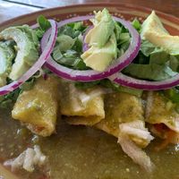 Enchiladas verde (vegan) - good but not enough sauce.  at Vegetariano Mar y Tierra in Tulum