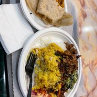 Custom made plate by lovely owners, rice and veggies and pseudo meat (jackfruit) and flatbread  at New Asha Sri Lanka Restaurant in Staten Island