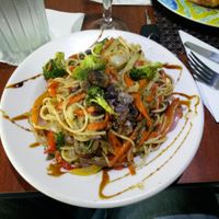 A chefs challenge. Spaghetti and garlic. The rest is his invention. Vegan Good! at Ocean Park Cafe in San Juan