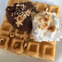 Vegan waffle 🧇 with chocolate and coconut 🥥 ice cream 🍨  at Ice Queen Gelato in Athens