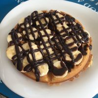 Vegan waffle with bananas and chocolate frosting  at Ice Queen Gelato in Athens