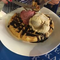 Vegan waffle with chocolate frosting and ice cream at Ice Queen Gelato in Athens