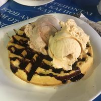 Vegan waffle with chocolate frosting and ice cream  at Ice Queen Gelato in Athens