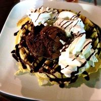 vegan waffle with vegan dark chocolate and coconut gelato, vegan whipped cream, and chocolate syrup at Ice Queen Gelato in Athens