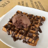 Vegan waffle with dark chocolate gelato  at Ice Queen Gelato in Athens