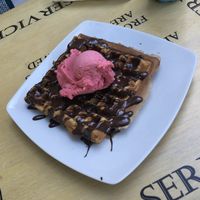 Vegan waffle with praline and raspberry ice cream  at Ice Queen Gelato in Athens
