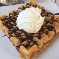 Vegan waffle w/ choco sauce and gelato at Ice Queen Gelato in Athens