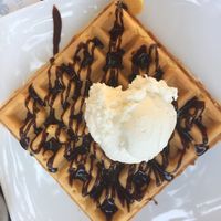 Vegan waffle w/ choco sauce and gelato at Ice Queen Gelato in Athens