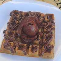 Vegan waffle with vegan Nutella and dark chocolate ice cream at Ice Queen Gelato in Athens