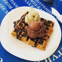 Vegan waffle with pistachio and chocolate ice cream  at Ice Queen Gelato in Athens