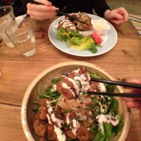 Closest : Karaage donburi (delicious ! ) 
2nd plan : Deep-fried oysters made of mushrooms and tofu.(with fresh lemon juice) Surprising and tasted great at Paprika Shokudo Vegan in Osaka