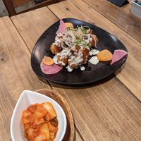 Soy karaage and kimchi at Paprika Shokudo Vegan in Osaka