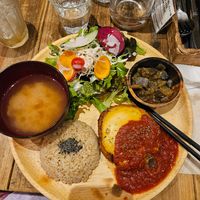 Menu with cheese burger steak at Paprika Shokudo Vegan in Osaka