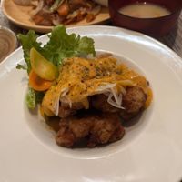 Karaage soy meat ('chicken’) with soy cheese. Yum!  at Paprika Shokudo Vegan in Osaka