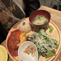 Hamburger with cheese and sides  at Paprika Shokudo Vegan in Osaka