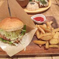 Tempeh Teriyaki Burger And Fries. at Paprika Shokudo Vegan in Osaka