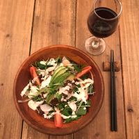 Burger/rice bowl with wine  at Paprika Shokudo Vegan in Osaka