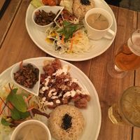 Soy meat karaage and soy meat yakiniku set meals  at Paprika Shokudo Vegan in Osaka