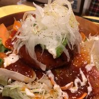 Donburi hamburger bowl at Paprika Shokudo Vegan in Osaka