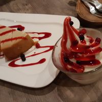 Cheese Cake and Icecream with berry syrup. at Paprika Shokudo Vegan in Osaka