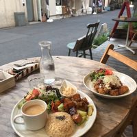 Teriyaki set meal and deep fried soy  at Paprika Shokudo Vegan in Osaka