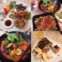Chefs appetizer plate, creamy tomato risotto, stir fried soy meat, dessert sample plate.  at Paprika Shokudo Vegan in Osaka