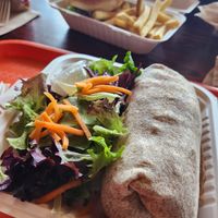 Jackfruit carnitas burrito w salad and an impossible burger- which I've been told tastes just like in-n-out at One Veg World in West Covina