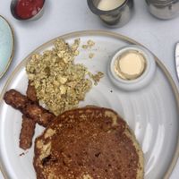Pancake platter with plain pancakes, tempeh bacon and tofu scramble at Fresh on Eglinton in Toronto