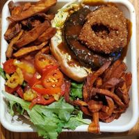 BBQ Burger with sweet potato fries at Fresh on Eglinton in Toronto