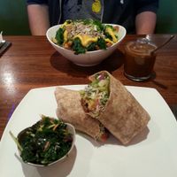 Banquet burger with kale slaw (monthly special), and green poutine with hot sauce. YUM. at Fresh on Eglinton in Toronto