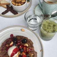 Berry waffle and full breakfast. Iced matcha latte and English breakfast tea at Fresh on Eglinton in Toronto