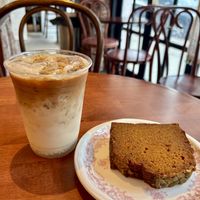 Fermented rice osmanthus latte and pumpkin loaf   at Dialogue Coffee & Flowers in New York City