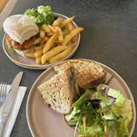 Carrot and coriander vegan burger + vegan almond cheese sourdough toasted sandwhich with salad and chips    at The Stables Café - Mount Congreve Gardens in Waterford